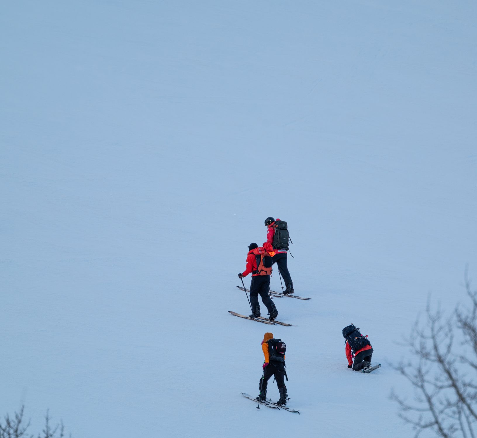 Group of four skiers climbing uphill through deep snowy backcountry terrain on a ski tour